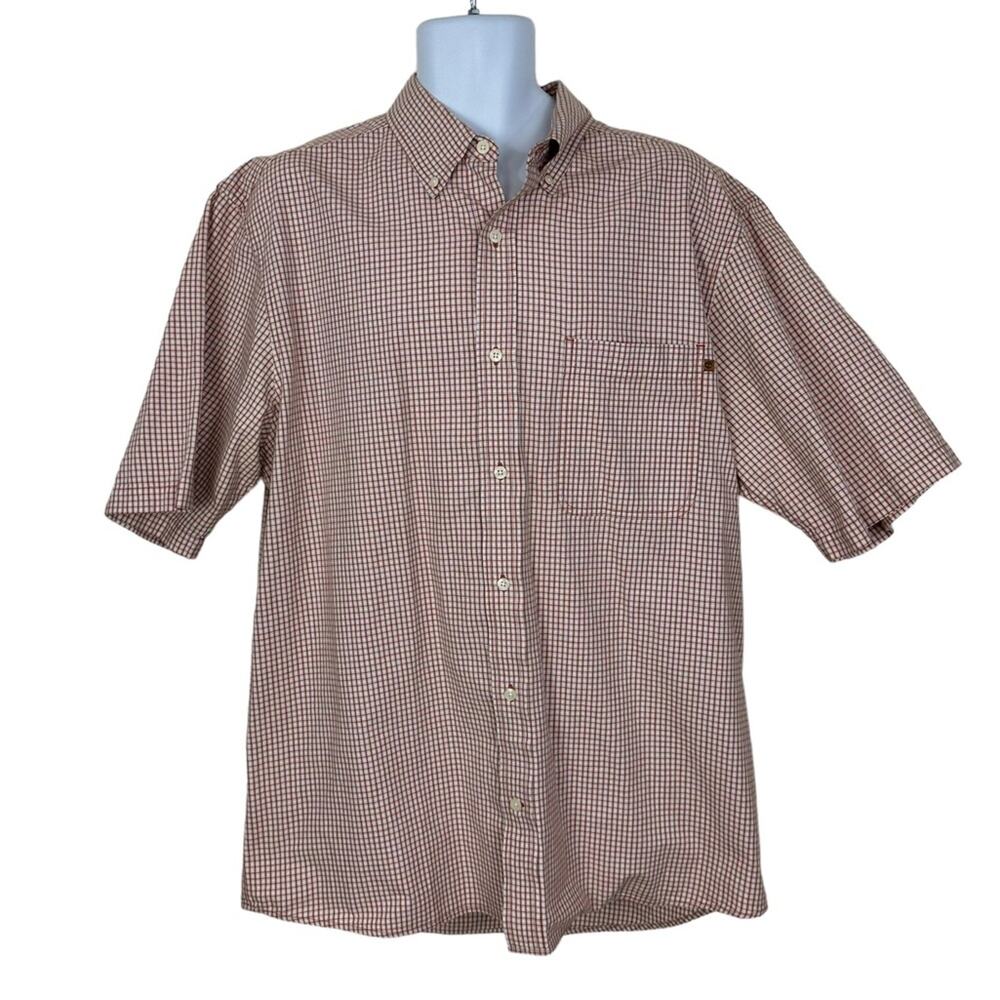 Timberland Micro Check Plaid Button Down Shirt Size XL Rust Red Gray Cream